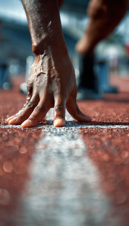 Close-up image of an athlete's hand pressing against the track, poised for a sprint start. The track lines lead forward, conveying a sense of motion, power, and determination.の素材