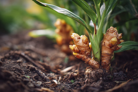 Close-up of ginger root growing in garden soil with green leaves sprouting. Captured in a natural outdoor environment with a shallow depth of field, showcasing documentary realism.の素材