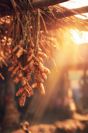 Turmeric roots hang drying under the warm sunlight in a rural Indian village, capturing authentic cultural realism with a cinematic warm tone.の素材