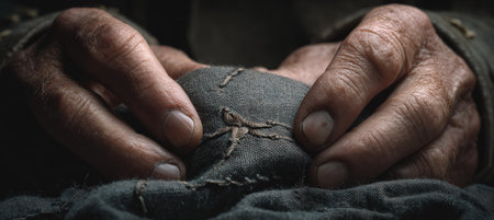 Macro image of a ceremonial cloth with raised star stitching held by veteran hands. The slate gradient background and soft overhead lighting enhance the symbolic Veterans Day imagery.の素材