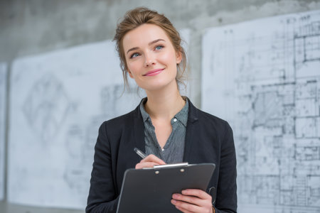 A young female civil engineer in professional attire writes notes on a clipboard. Large-scale architectural drawings are visible behind her, creating a calm and bright scene.の素材