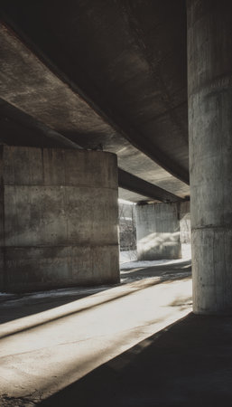 Gritty urban photo showcasing the view from beneath a massive overpass. Features strong concrete textures, deep shadows, and structural depth, ideal for editorial and development topics.の素材