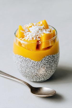 A minimalist photo of chia seed pudding in a glass jar, layered with mango puree and coconut flakes, set against a white background. Ideal for packaging mockups and food presentations.の素材