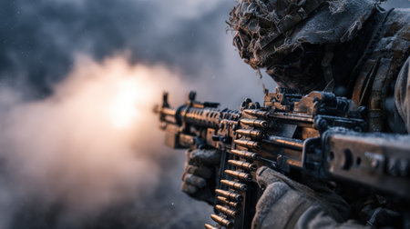 A camouflaged soldier fires a belt-fed machine gun, with metallic cartridges gleaming. Thick smoke and muzzle flash create a dramatic military-action atmosphere under an overcast sky.の素材