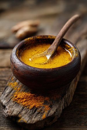 Close-up of a turmeric and honey mixture in a wooden bowl on a rustic board. The golden, viscous texture is highlighted by warm, inviting light, showcasing intricate macro details.の素材