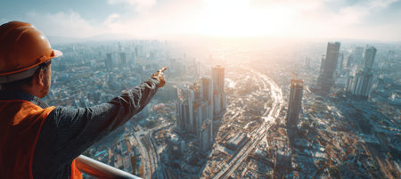 An engineer in a hard hat points towards a sprawling urban landscape from a building terrace under construction. The scene captures roads, towers, and city infrastructure in midday light.の素材