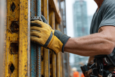 Close-up side view of a construction engineer inspecting vertical support beams. Emphasis on safety gear and gloves, highlighting attention to detail and high realism on site.の素材