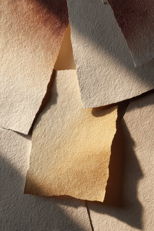 Photorealistic image of abstract pastel paper fragments with soft shadows and layered depth. Captured with warm neutral lighting, showcasing a commercial-friendly design.の素材