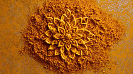 Creative mandala pattern made from turmeric powder, showcasing a symmetrical design in rich, warm tones. Captured from an overhead perspective, highlighting intricate details.の素材