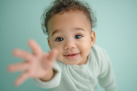 Close-Up Portrait of Smiling 1-Year-Old Baby in Pastel Onesie Reaching Forwardの素材