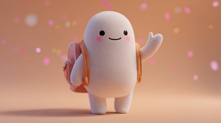 Adorable 3D Character with Backpack Waving on Pastel Peach Backgroundの素材