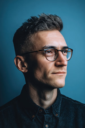 Modern Studio Headshot of Male Designer with Creative Haircut and Glassesの素材