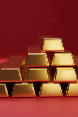 Vertical Illustration of Gold Bricks with Red Flag Texture Backgroundの素材