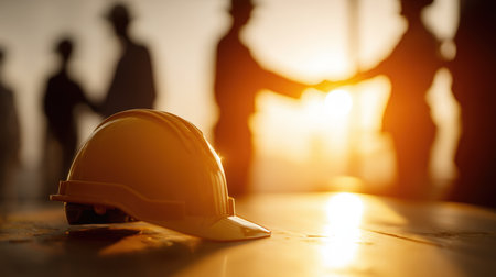 Hard Hat on Table with Handshake Silhouettes in Golden Lightの素材