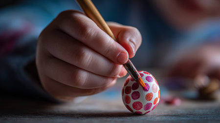 Close-Up of Child Painting Polka Dots on Egg in Natural Lightの素材