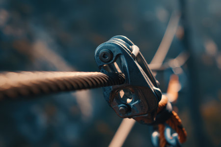 Macro shot capturing the tension and anticipation of a zipline clip attaching to a cable. The cinematic lighting enhances the travel adventure theme, focusing on the equipment.の素材