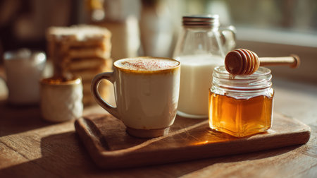 A cozy kitchen scene featuring a turmeric latte with milk and honey. Soft morning sunlight enhances the warm, inviting atmosphere, highlighting the macro details of the beverage.の素材