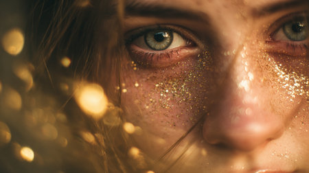 Artistic soft-focus portrait featuring glitter on skin, set in a warm, golden haze. Evokes a dreamy, holiday atmosphere with a touch of magic and elegance.の素材