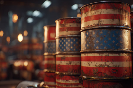 Stacked Oil Drums with U.S. Flag in Industrial Warehouse Settingの素材