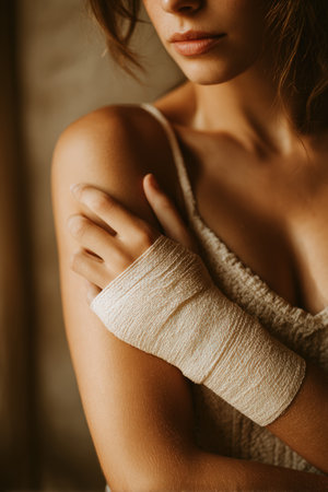 Intimate Portrait of Person Adjusting Arm Bandage in Soft-Focus Wellness Sceneの素材