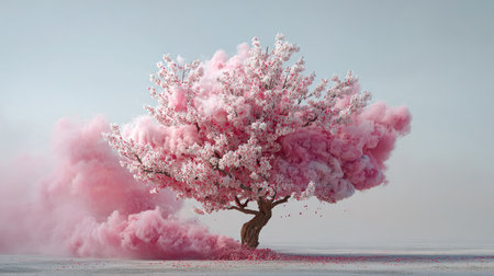 Cherry Blossom Tree Formed from Pink and White Smoke Against Pale Skyの素材