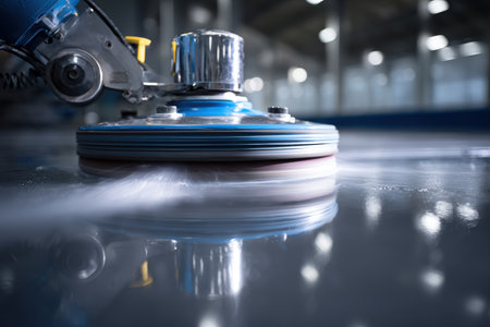 Detailed macro image of an industrial cleaning machine polishing a surface. The photo captures water reflections and motion blur from the brush, highlighting the cleaning process.の素材