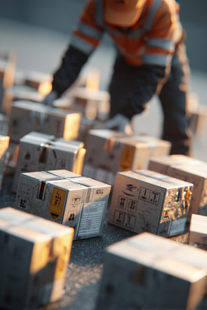 A logistics worker bends to pick up a small parcel in a commercial space. The boxes display clear safety labels and symbols, illuminated by photorealistic lighting.の素材