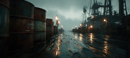 A cinematic view of a rain-soaked loading platform featuring reflective puddles around Russian oil barrels. The moody storm lighting enhances the atmospheric realism and elongated perspective.の素材