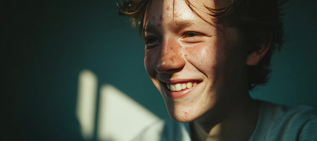 Close-up of a teenage boy with acne-prone skin smiling warmly as daylight streams through a window. He wears a simple t-shirt, with shadows adding depth to his facial features.の素材