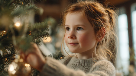 A young girl with light brown hair in a ponytail decorates a Christmas tree in a cozy home setting. She wears a soft sweater dress, adding a festive ornament to the tree branch.の素材