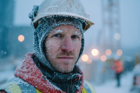 A construction worker in a frosty helmet and reflective vest stands at a snowy site at dawn. The early morning shift highlights the cold conditions, with frost on his gear.の素材