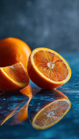 Luxurious still life of sliced oranges on a polished surface, showcasing elegant minimal styling in a refined studio setting. The portrait orientation enhances the sophisticated mood.の素材