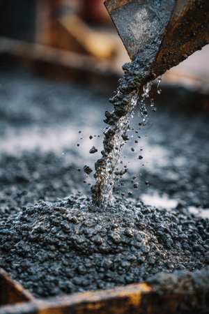 A detailed close-up of a concrete pour at a construction site, highlighting the vivid contrast between metal, gravel, and water. The image captures cinematic sharpness and realism.の素材