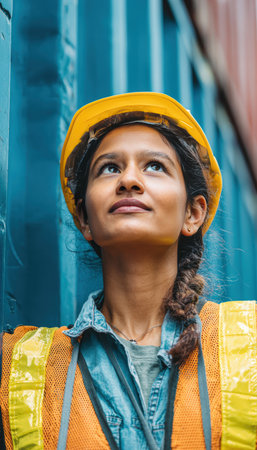 Portrait of a female logistics supervisor wearing a helmet and vest, gazing upward thoughtfully in an industrial port. The image conveys an inspirational and professional tone.の素材