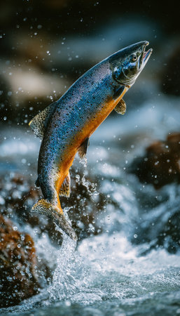 A stunning vertical composition capturing a salmon mid-leap, showcasing its silver-blue scales with orange undertones against a turbulent river backdrop, evoking a raw, primal atmosphere.の素材
