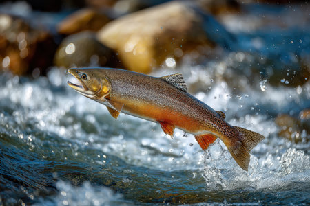 A wild salmon with a silver-blue body and warm orange tones leaps mid-air against strong river rapids in a natural freshwater environment, showcasing its sleek, muscular form.の素材
