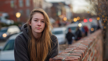 Teen girl with visible acne sits confidently on a brick wall in an urban environment. Soft-focus cars and people create a dynamic city backdrop, highlighting her calm demeanor.の素材