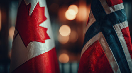 A large angled shot of the Canadian and Norwegian flags, featuring deep saturated colors and a soft ambient glow, creating a calm diplomatic atmosphere.の素材