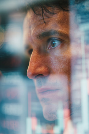 A male trader intensely concentrates on financial data, with translucent charts dominating the foreground. The minimal background enhances the documentary-style, decision-making mood.の素材