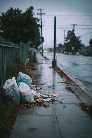 A polluted sidewalk scene with torn garbage bags spilling waste onto an empty street. Captured in a social realism style, this environmental documentary photo highlights urban pollution.の素材
