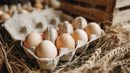 Eggs are displayed in eco-friendly cartons on a straw bedding, highlighting sustainable farming practices and ethical agriculture. The image emphasizes clean and green food production.の素材
