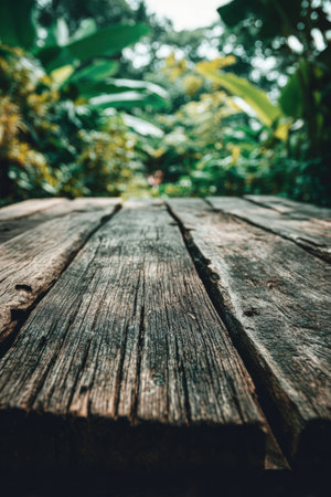 A rustic wooden table made of rough planks with organic textures sits empty against a dense green jungle backdrop. The scene is illuminated by cinematic daylight, creating a calm ambiance.の素材