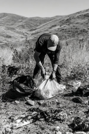 A volunteer wearing gloves ties a trash bag amidst scattered litter in an open landscape. The scene captures a proactive and honest effort in environmental sustainability.の素材