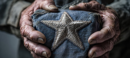 Macro shot of a veteran's hands holding a ceremonial cloth with an embroidered star motif. The grey background and soft lighting enhance the symbolic significance for Veterans Day.の素材