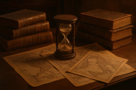 A vintage historian's desk featuring an hourglass, antique maps, and leather-bound books. The warm lighting and classic elements evoke a sense of history and timelessness.の素材