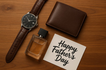 Stylish Father's Day gift arrangement featuring a classic watch, leather wallet, and cologne bottle on a wooden surface. Includes a card with "Happy Father's Day" message.の素材