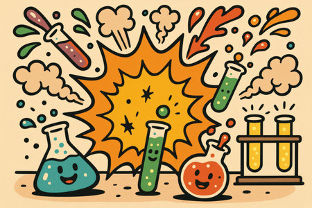 A vibrant cartoon illustration depicting a lab explosion with smiling test tubes and beakers. The playful scene features colorful chemical reactions and animated expressions.の素材