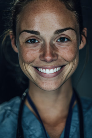 A close-up portrait of a smiling doctor, capturing empathy and warmth. The image highlights the human side of healthcare, emphasizing connection and compassion in a medical environment.の素材