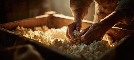 Close-up of an artisan shaping cheese curds in a traditional dairy setting. Captured in warm light, this image highlights the authentic cheese-making process in a cinematic style.の素材