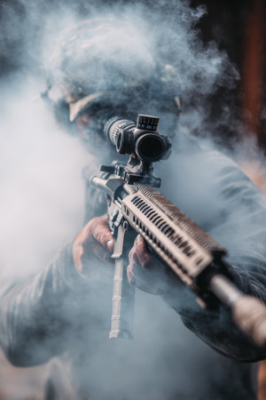 A precision shooter releases a shot, surrounded by grey paint streaks forming a smoky trail. The image captures the calm focus and discipline of the shooter.の素材